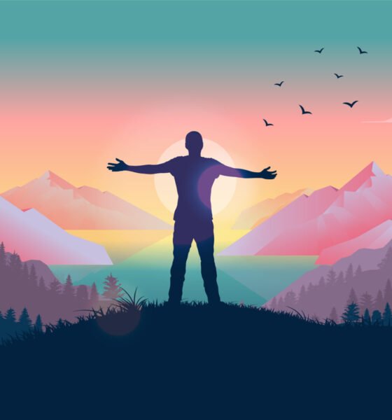 Person standing in front of sun with arms out, watching the beauty of nature and feeling the warmth of the sun. Happiness and personal freedom concept. Vector